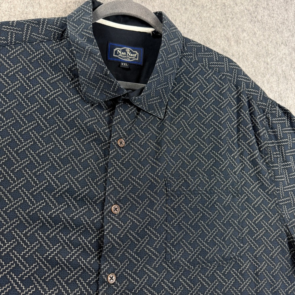 Nat Nast Mens XXL Luxury Original Navy Blue Geometric‎ Camp Shirt Short Sleeve
